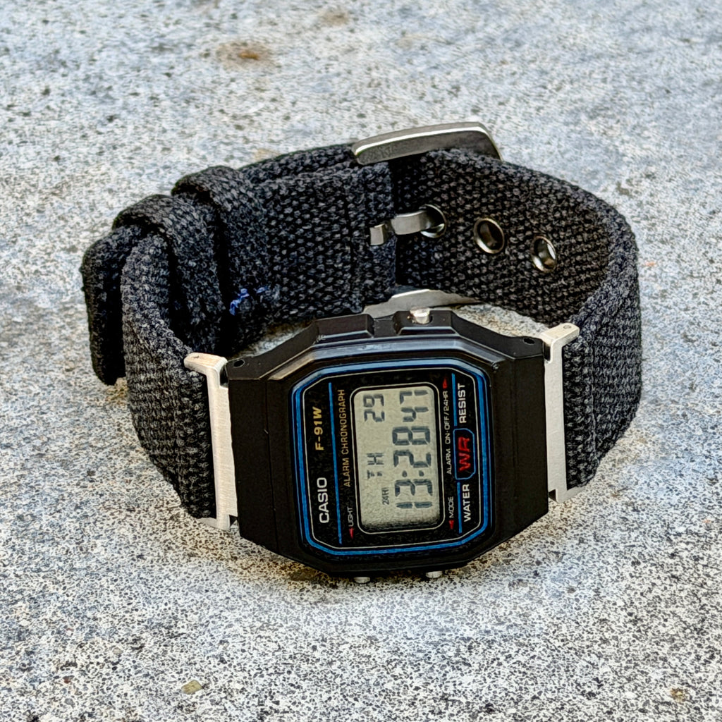 Charcoal Canvas Strap for Casio F-91W A158W A168W AE-1200WH Royale, Brushed Silver Buckle, 18mm Adapters Pre-Attached