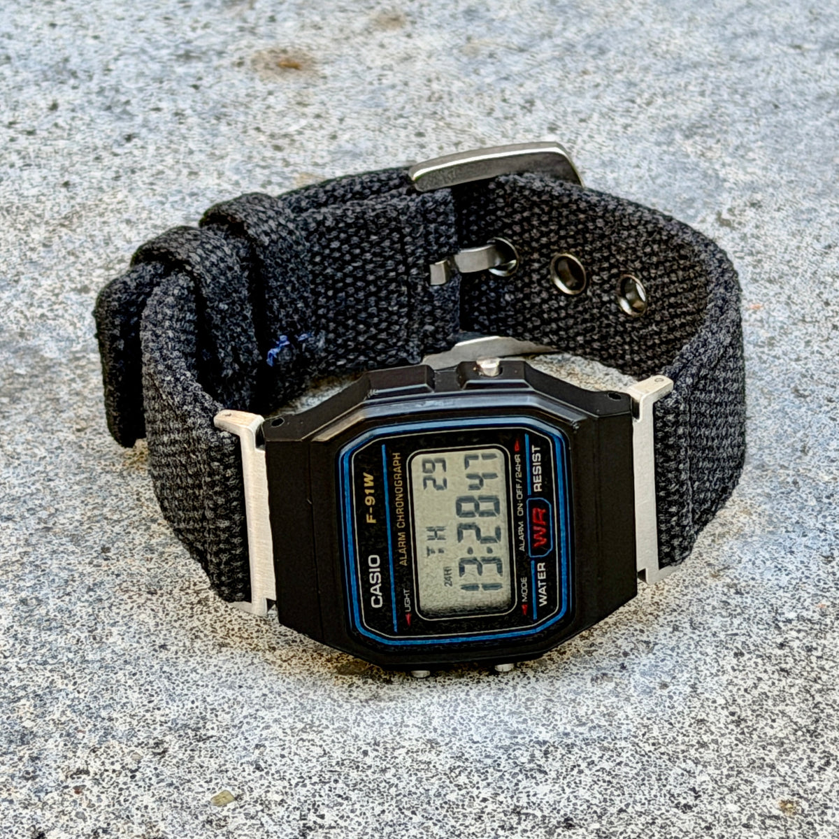 Charcoal Canvas Strap for Casio F-91W A158W A168W AE-1200WH Royale, Brushed Silver Buckle, 18mm Adapters Pre-Attached