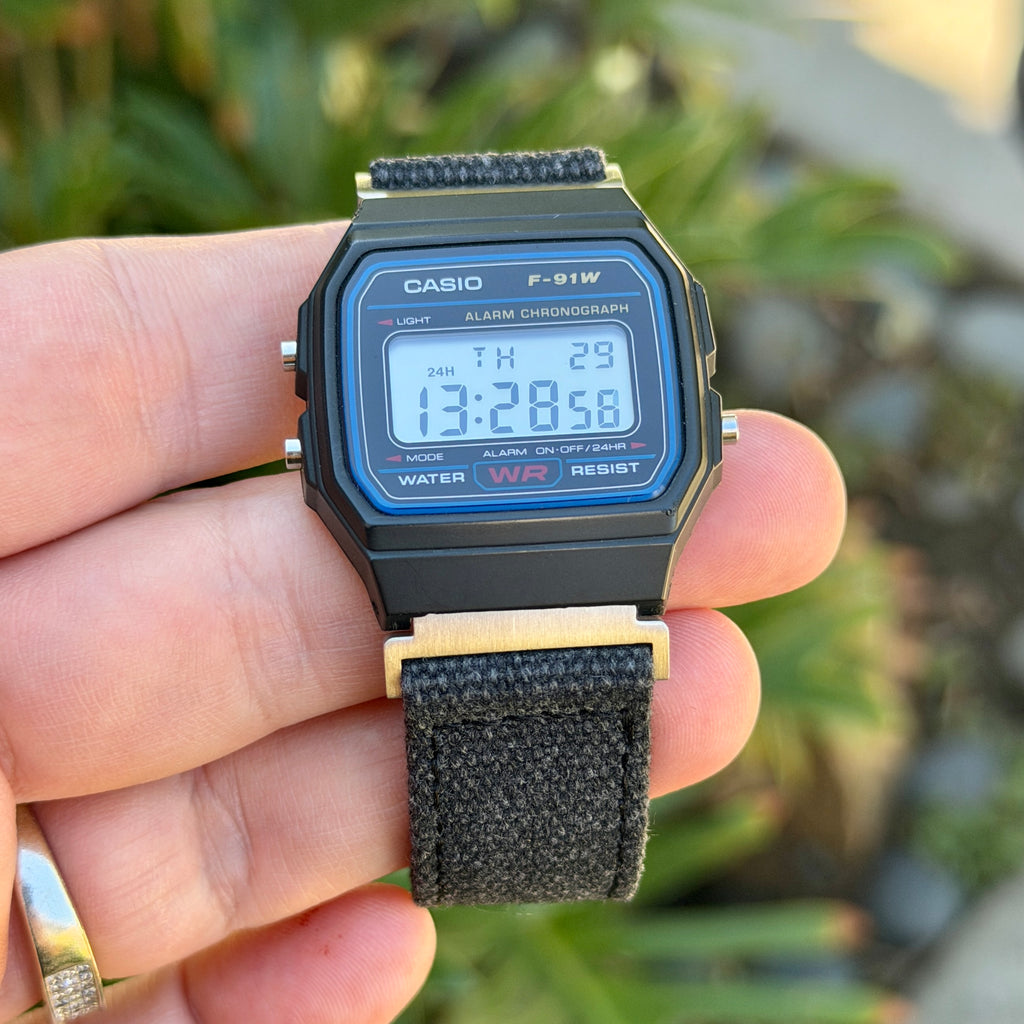 Charcoal Canvas Strap for Casio F-91W A158W A168W AE-1200WH Royale, Brushed Silver Buckle, 18mm Adapters Pre-Attached
