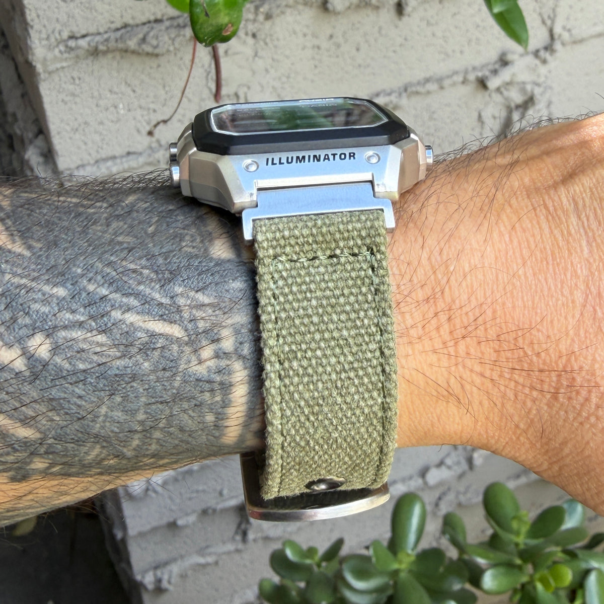 Olive Canvas Strap for Casio F-91W A158W A168W AE-1200WH Royale, Brushed Silver Buckle, 18mm Adapters Pre-Attached