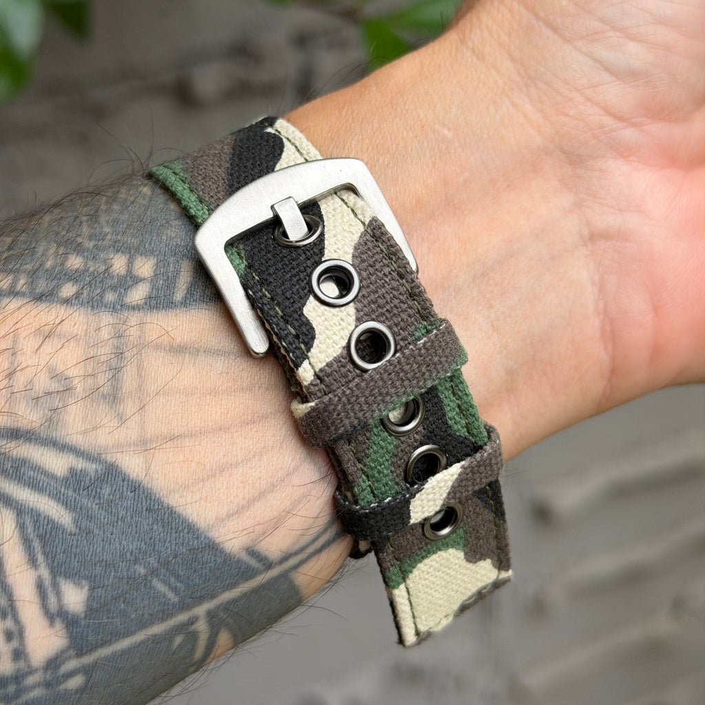 Woodland Camo Canvas Strap for Casio F-91W A158W A168W AE-1200WH Royale, Brushed Silver Buckle, 18mm Adapters Pre-Attached