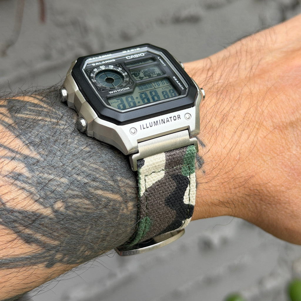 Woodland Camo Canvas Strap for Casio F-91W A158W A168W AE-1200WH Royale, Brushed Silver Buckle, 18mm Adapters Pre-Attached
