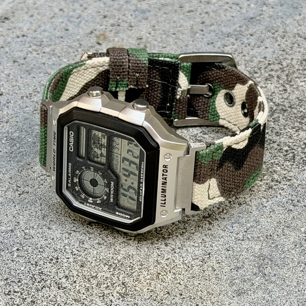 Woodland Camo Canvas Strap for Casio F-91W A158W A168W AE-1200WH Royale, Brushed Silver Buckle, 18mm Adapters Pre-Attached