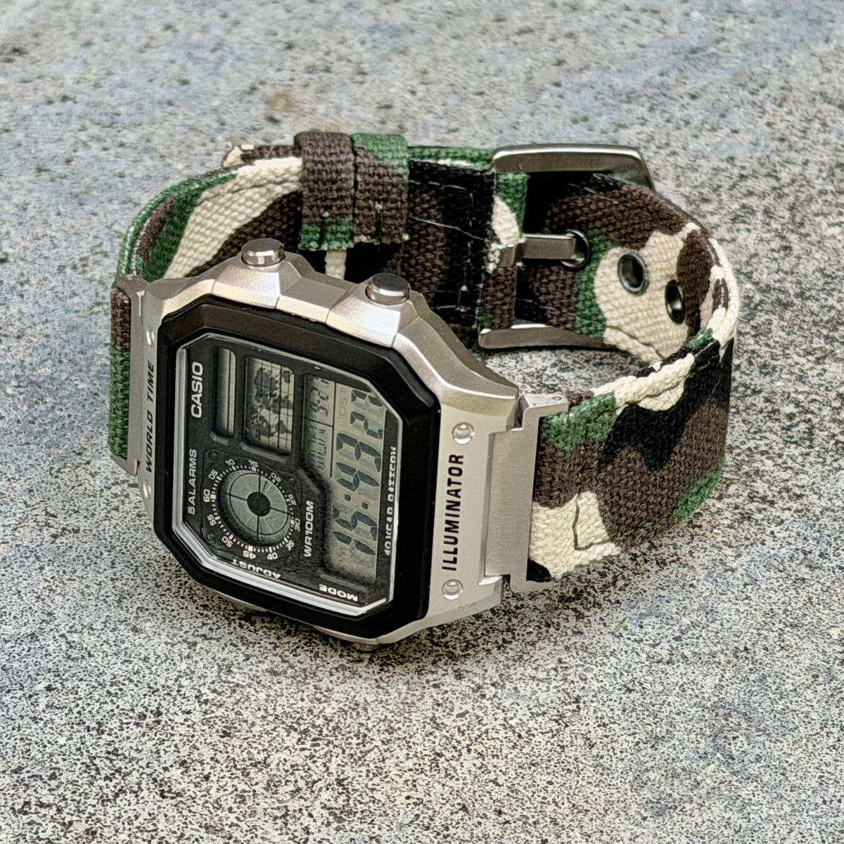 Woodland Camo Canvas Strap for Casio F-91W A158W A168W AE-1200WH Royale, Brushed Silver Buckle, 18mm Adapters Pre-Attached