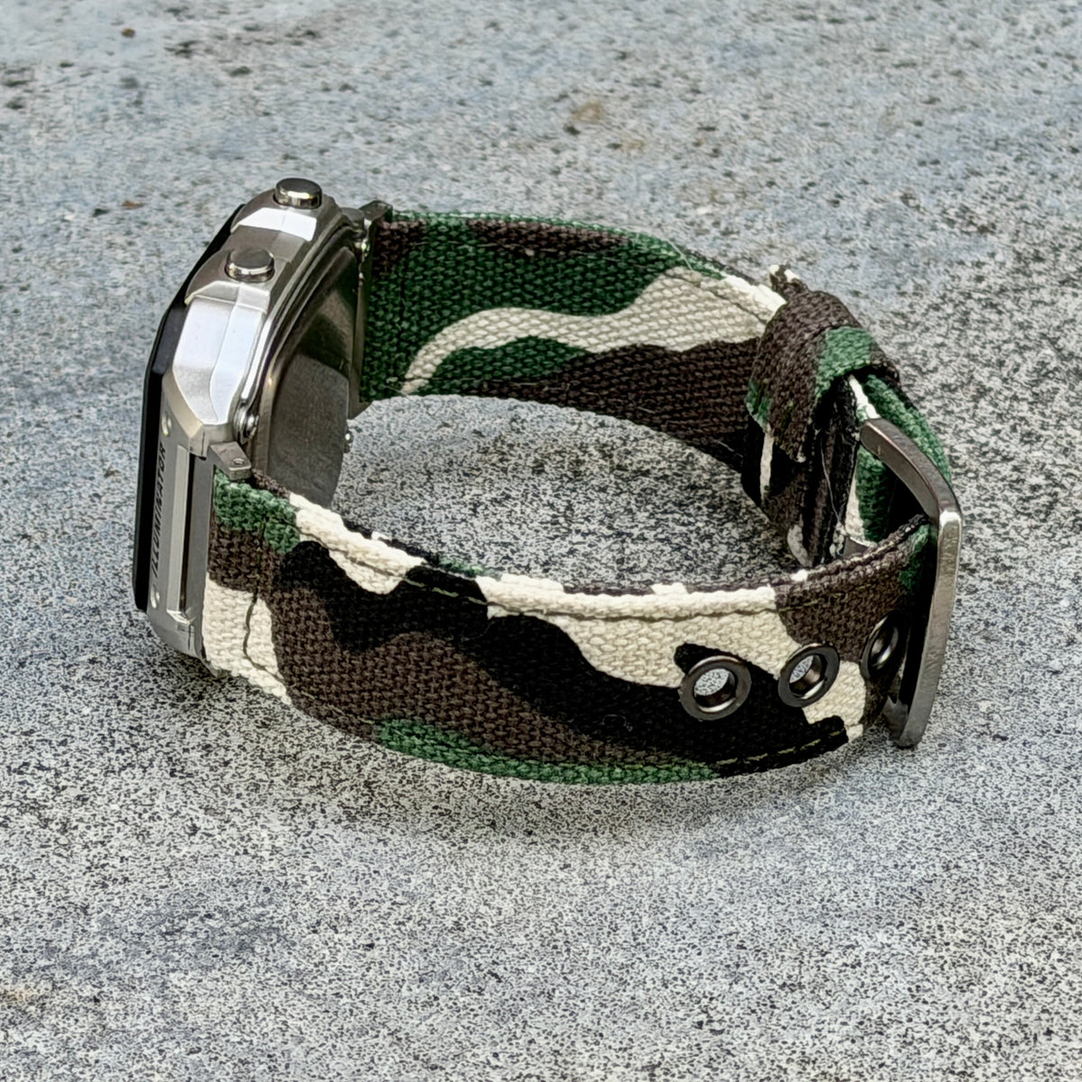 Woodland Camo Canvas Strap for Casio F-91W A158W A168W AE-1200WH Royale, Brushed Silver Buckle, 18mm Adapters Pre-Attached