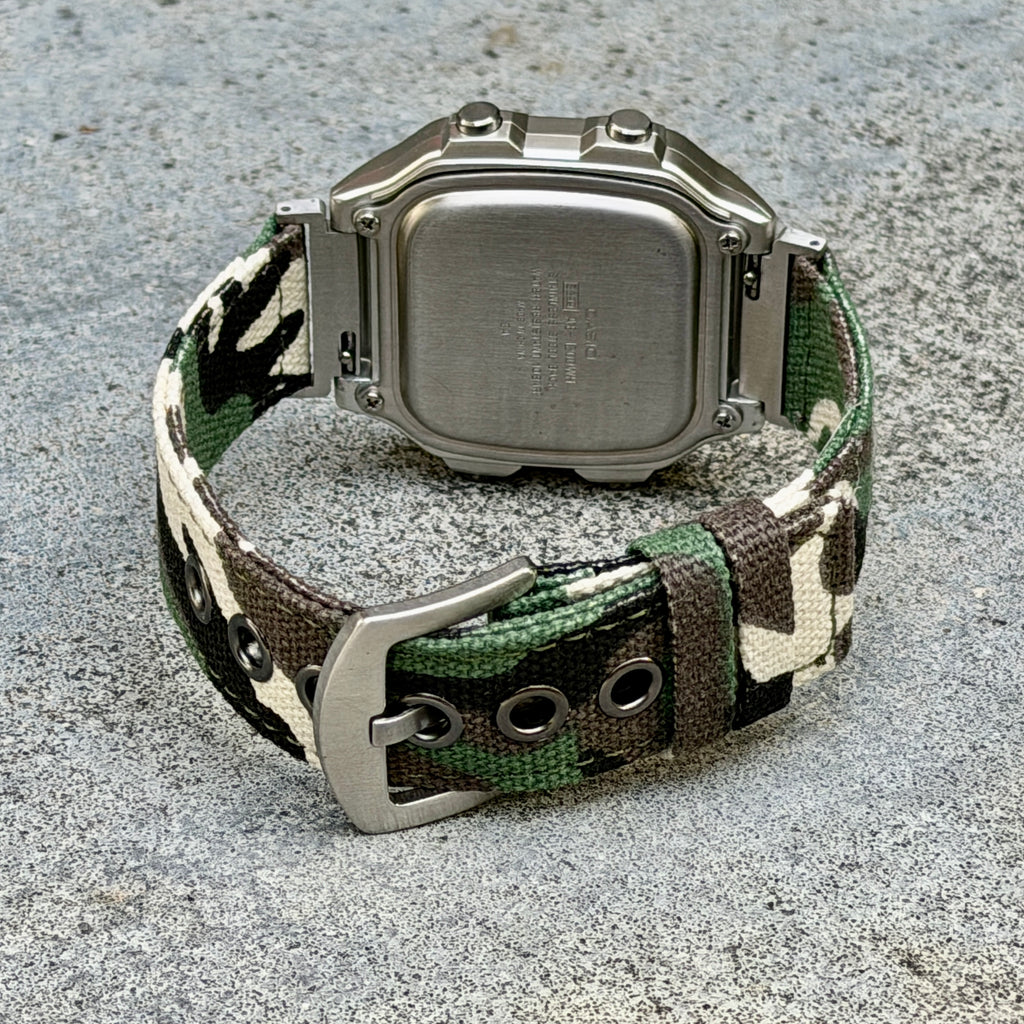 Woodland Camo Canvas Strap for Casio F-91W A158W A168W AE-1200WH Royale, Brushed Silver Buckle, 18mm Adapters Pre-Attached