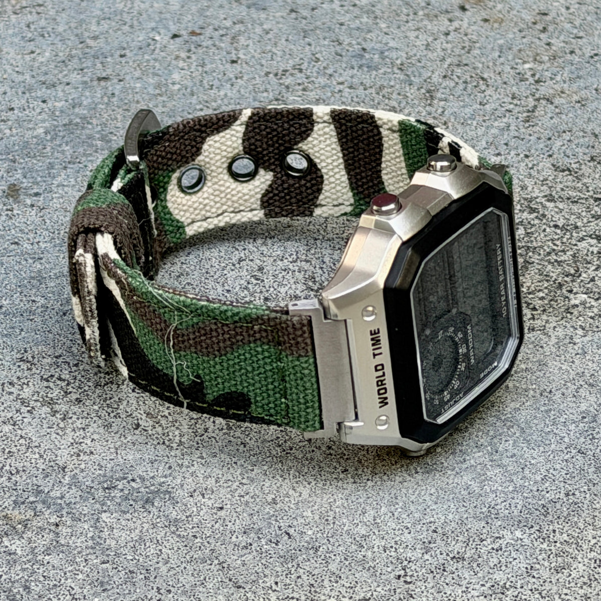 Woodland Camo Canvas Strap for Casio F-91W A158W A168W AE-1200WH Royale, Brushed Silver Buckle, 18mm Adapters Pre-Attached