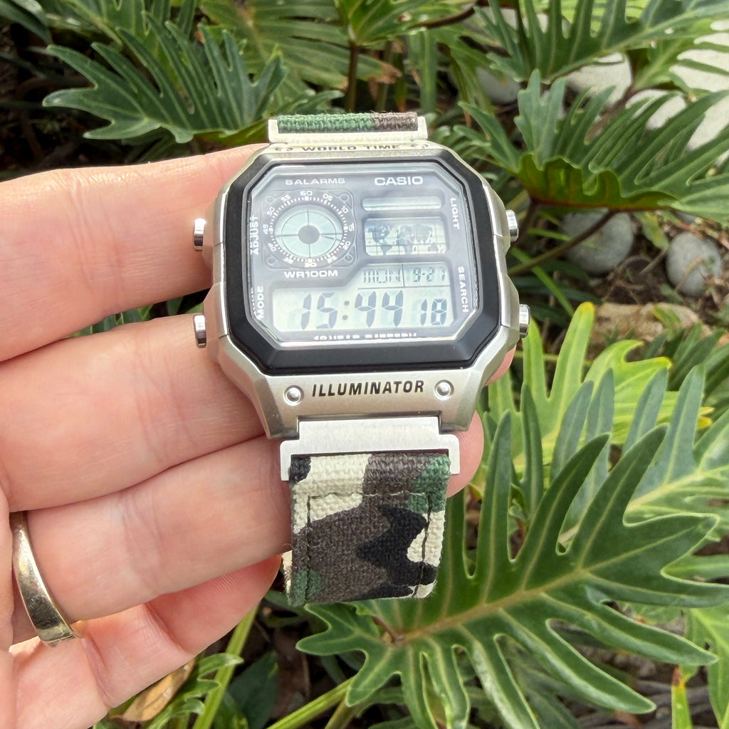 Woodland Camo Canvas Strap for Casio F-91W A158W A168W AE-1200WH Royale, Brushed Silver Buckle, 18mm Adapters Pre-Attached