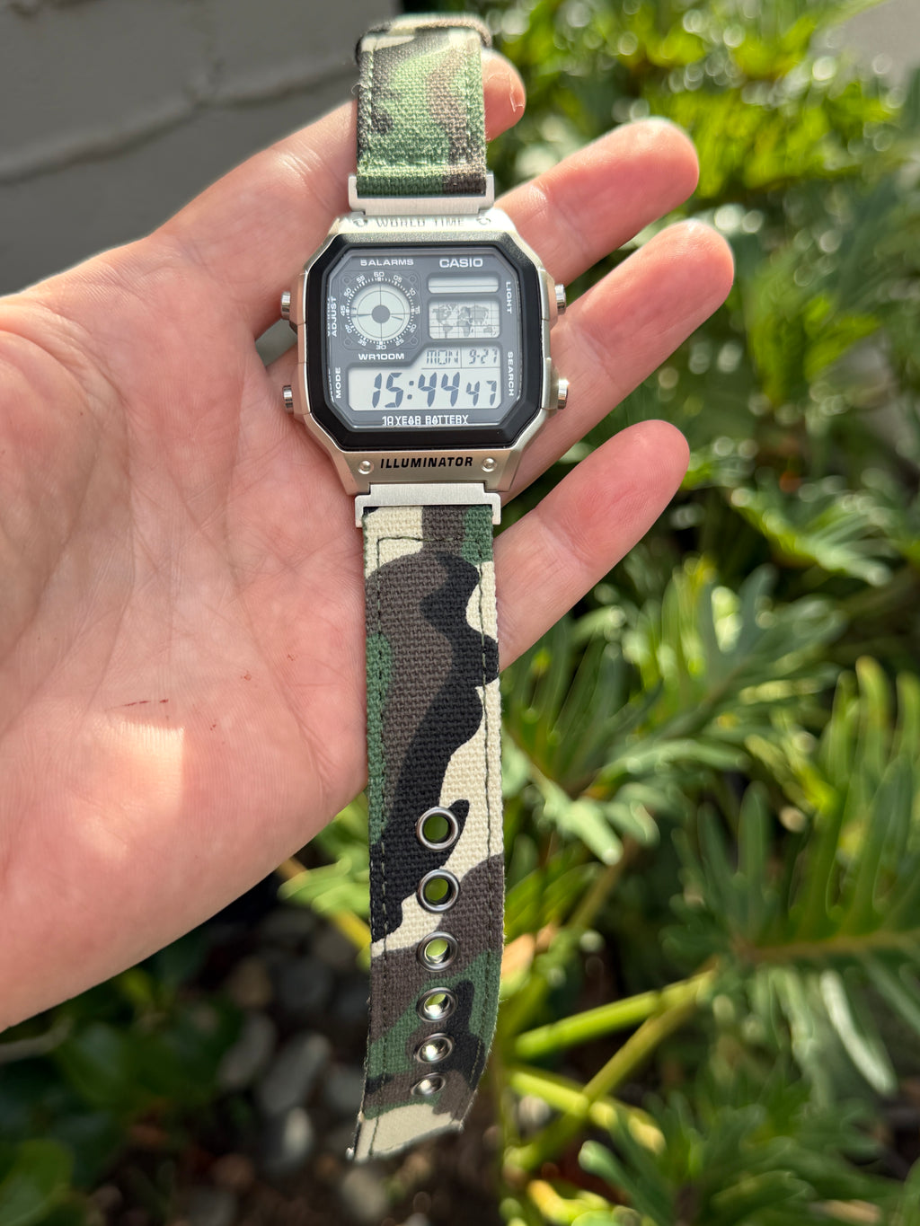 Woodland Camo Canvas Strap for Casio F-91W A158W A168W AE-1200WH Royale, Brushed Silver Buckle, 18mm Adapters Pre-Attached
