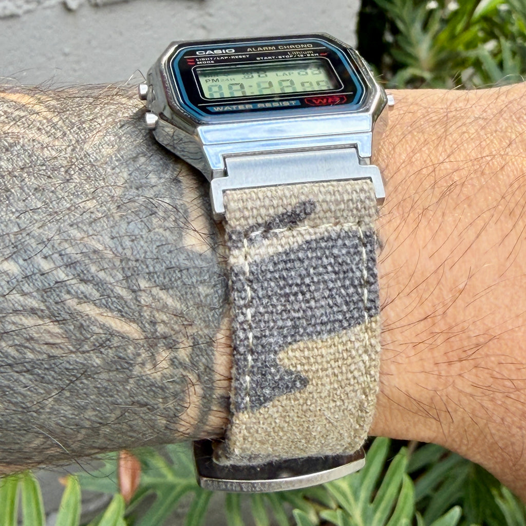 Sand Camo Canvas Strap for Casio F-91W A158W A168W AE-1200WH Royale, Brushed Silver Buckle, 18mm Adapters Pre-Attached