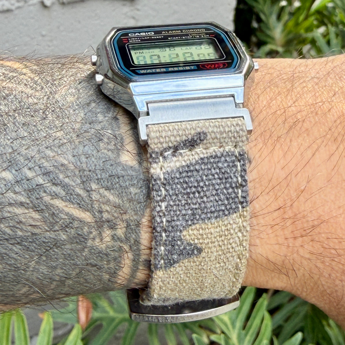 Sand Camo Canvas Strap for Casio F-91W A158W A168W AE-1200WH Royale, Brushed Silver Buckle, 18mm Adapters Pre-Attached
