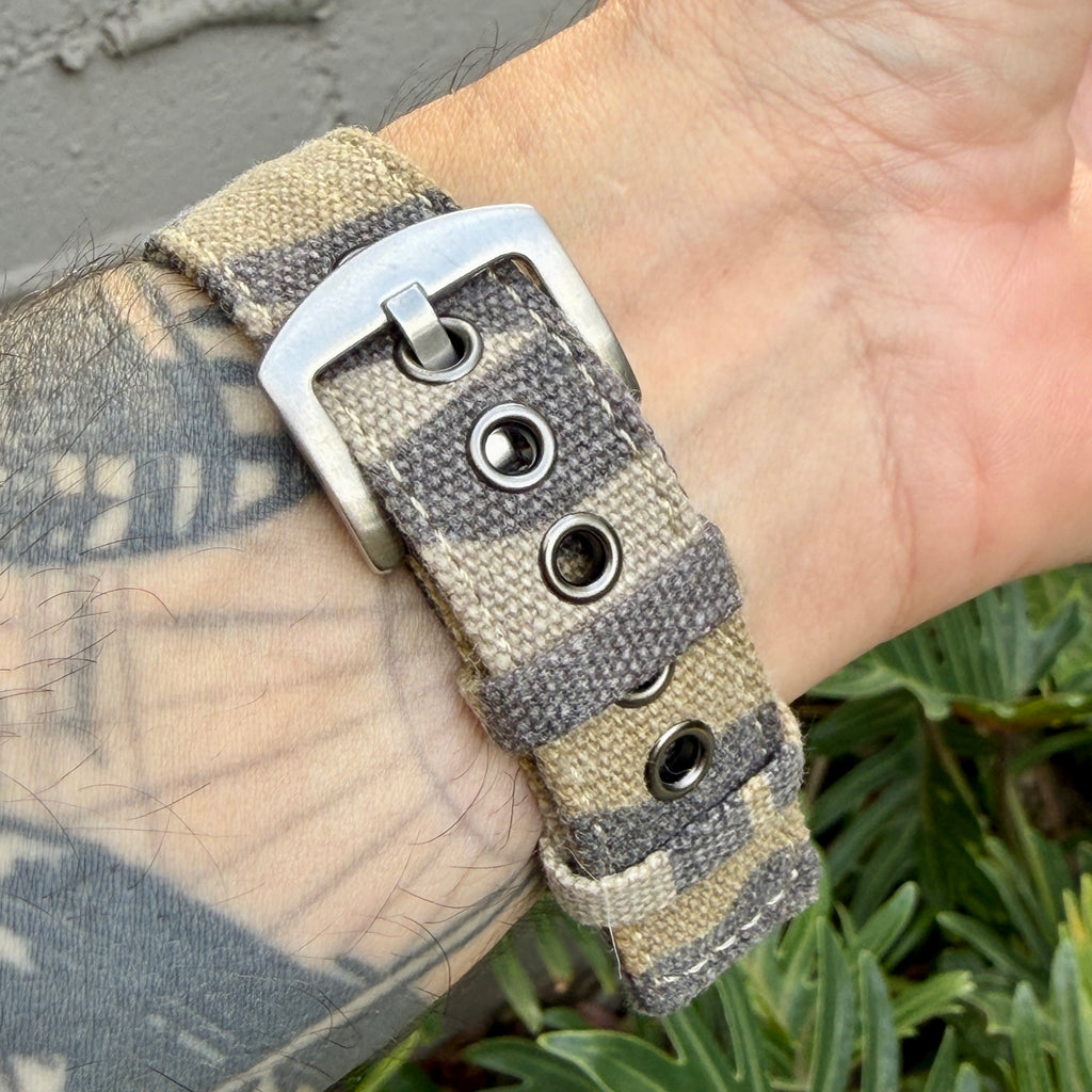 Sand Camo Canvas Strap for Casio F-91W A158W A168W AE-1200WH Royale, Brushed Silver Buckle, 18mm Adapters Pre-Attached