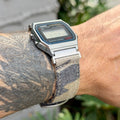 Casio A158W with sand camo canvas strap and brushed silver adapters