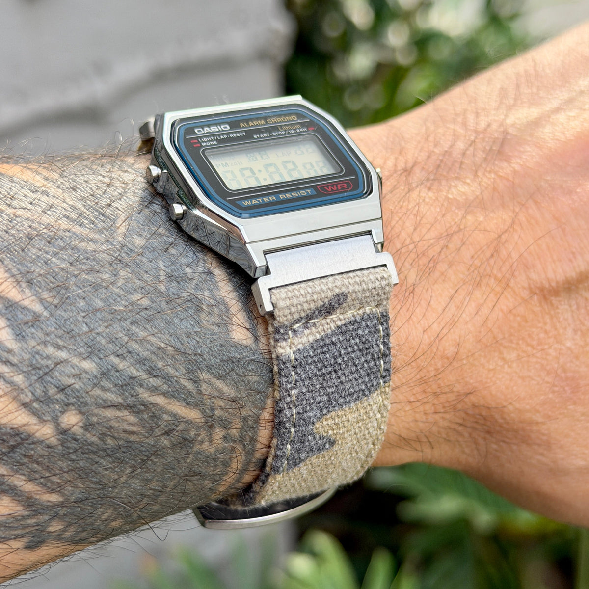 Casio A158W with sand camo canvas strap and brushed silver adapters