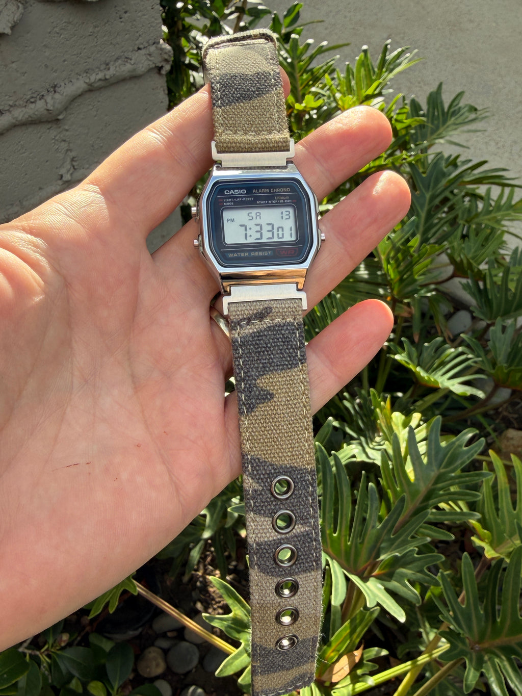 Sand Camo Canvas Strap for Casio F-91W A158W A168W AE-1200WH Royale, Brushed Silver Buckle, 18mm Adapters Pre-Attached