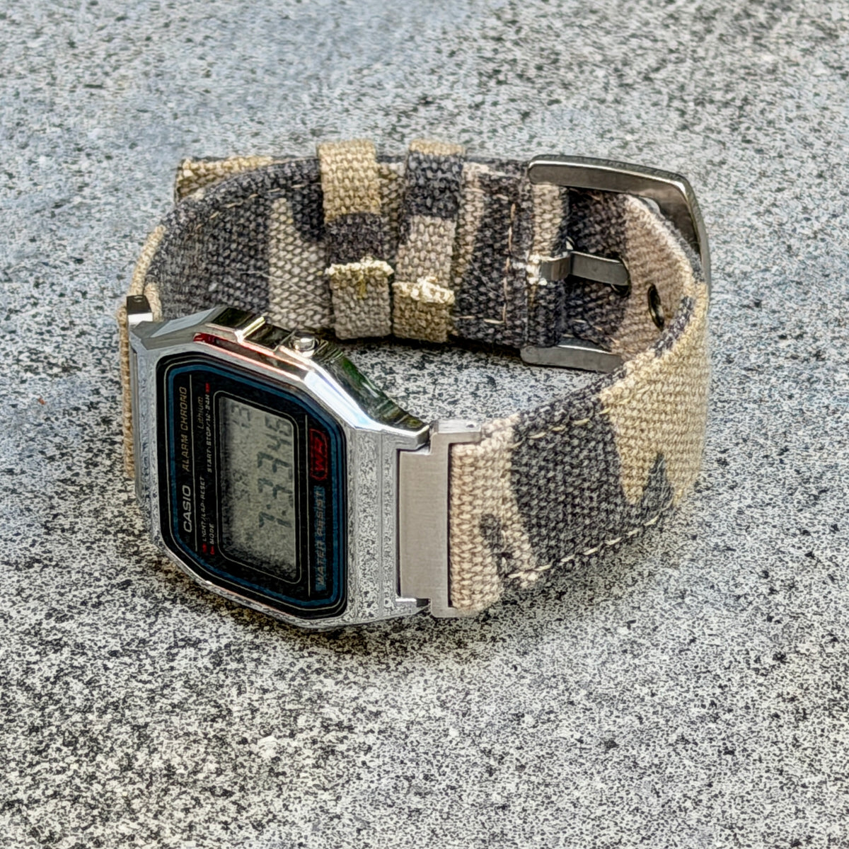Sand Camo Canvas Strap for Casio F-91W A158W A168W AE-1200WH Royale, Brushed Silver Buckle, 18mm Adapters Pre-Attached