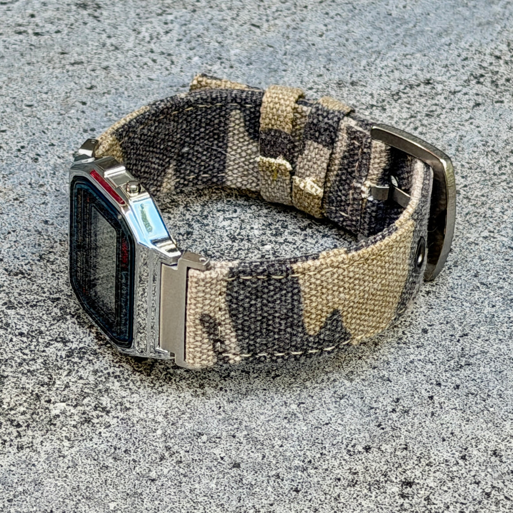 Sand Camo Canvas Strap for Casio F-91W A158W A168W AE-1200WH Royale, Brushed Silver Buckle, 18mm Adapters Pre-Attached