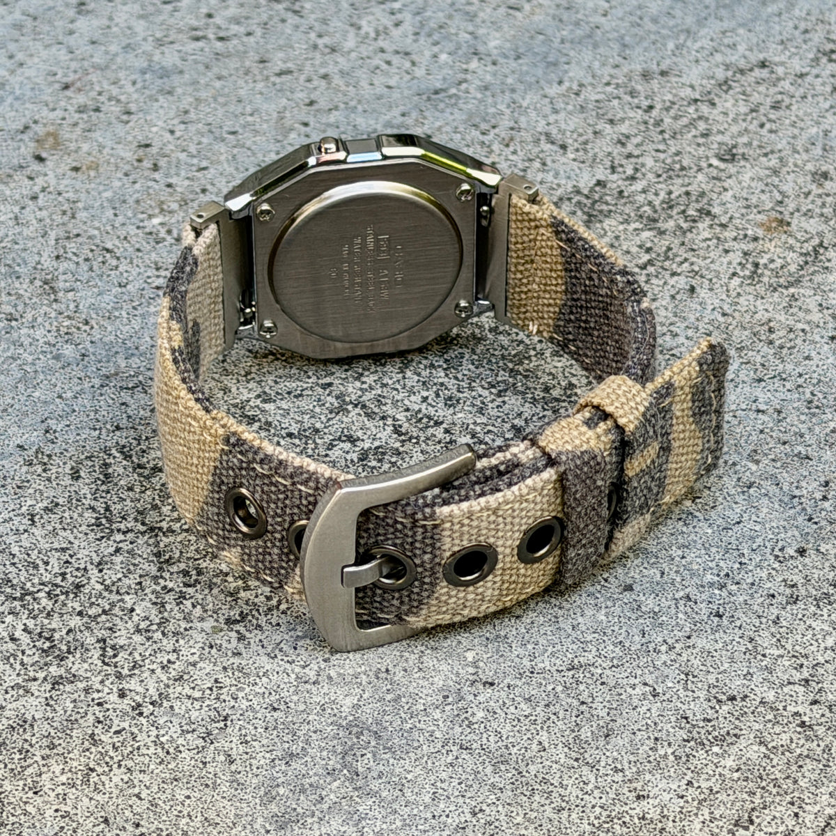 Sand Camo Canvas Strap for Casio F-91W A158W A168W AE-1200WH Royale, Brushed Silver Buckle, 18mm Adapters Pre-Attached