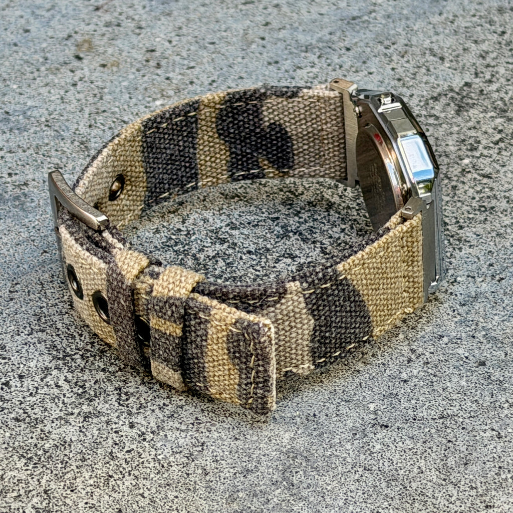 Sand Camo Canvas Strap for Casio F-91W A158W A168W AE-1200WH Royale, Brushed Silver Buckle, 18mm Adapters Pre-Attached