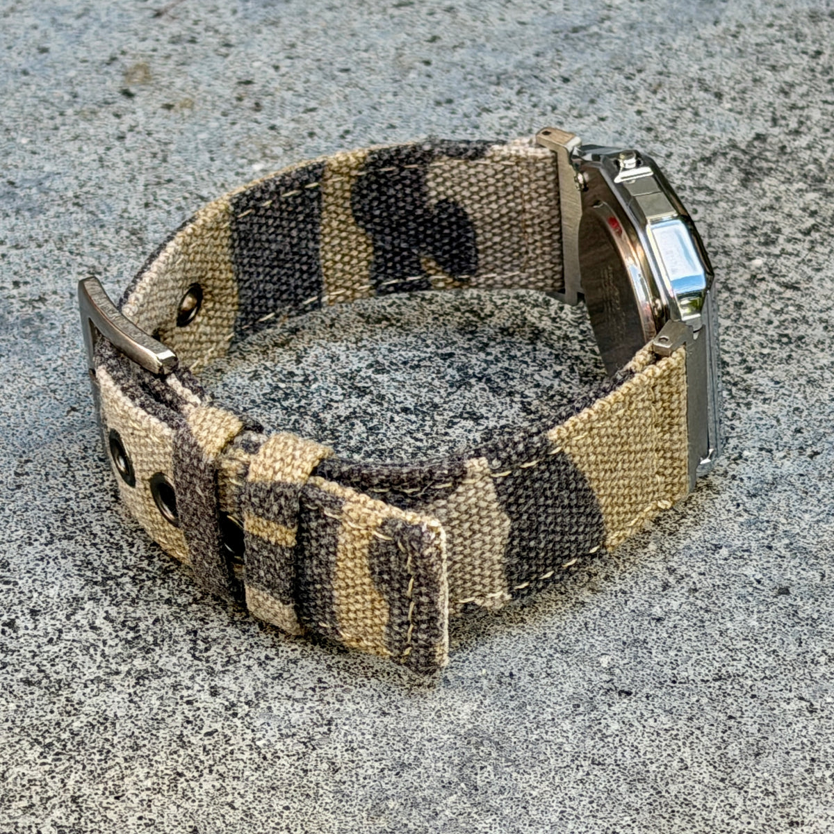 Sand Camo Canvas Strap for Casio F-91W A158W A168W AE-1200WH Royale, Brushed Silver Buckle, 18mm Adapters Pre-Attached