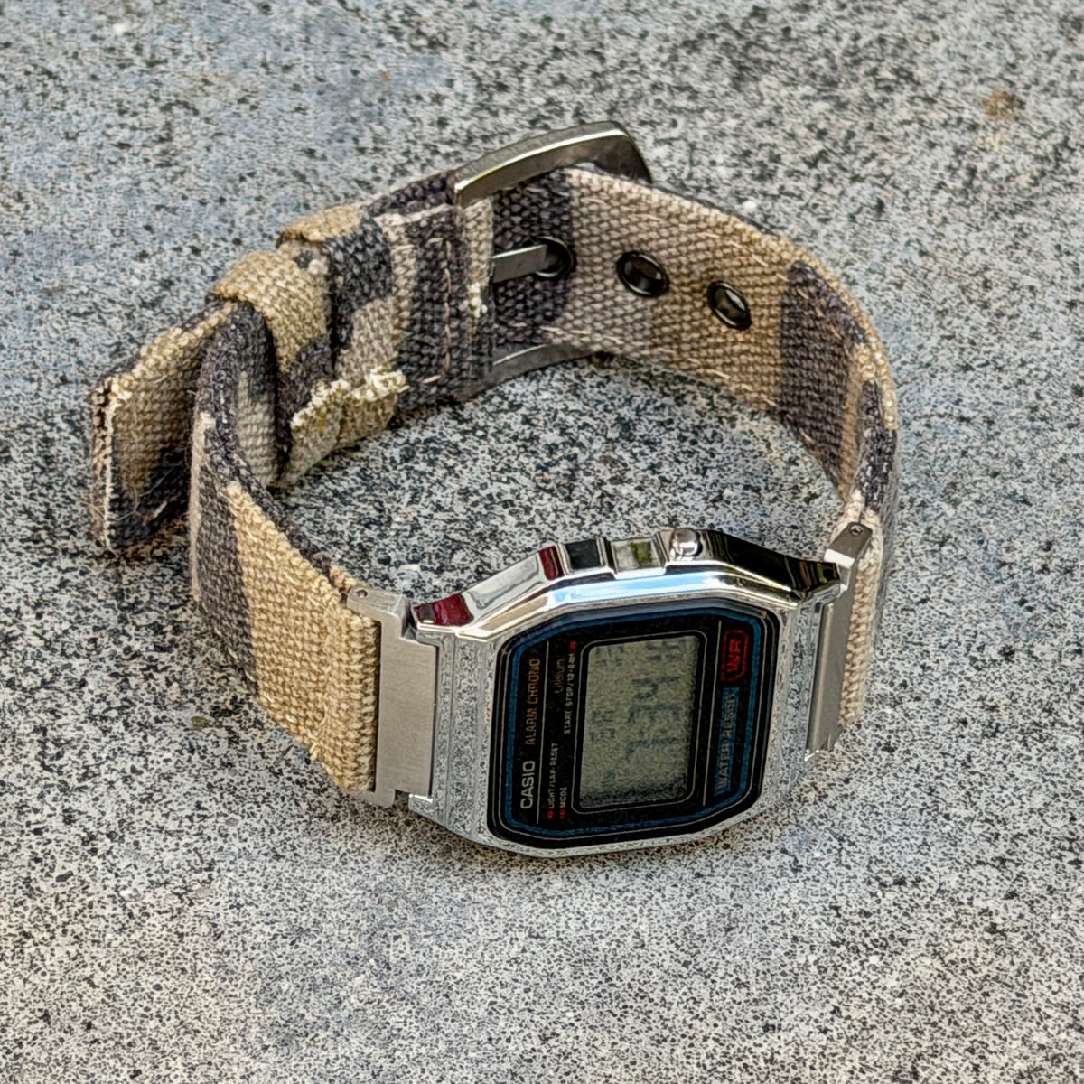 Sand Camo Canvas Strap for Casio F-91W A158W A168W AE-1200WH Royale, Brushed Silver Buckle, 18mm Adapters Pre-Attached
