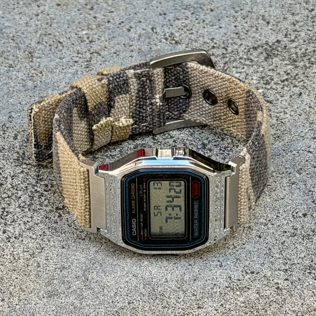 Sand Camo Canvas Strap for Casio F-91W A158W A168W AE-1200WH Royale, Brushed Silver Buckle, 18mm Adapters Pre-Attached