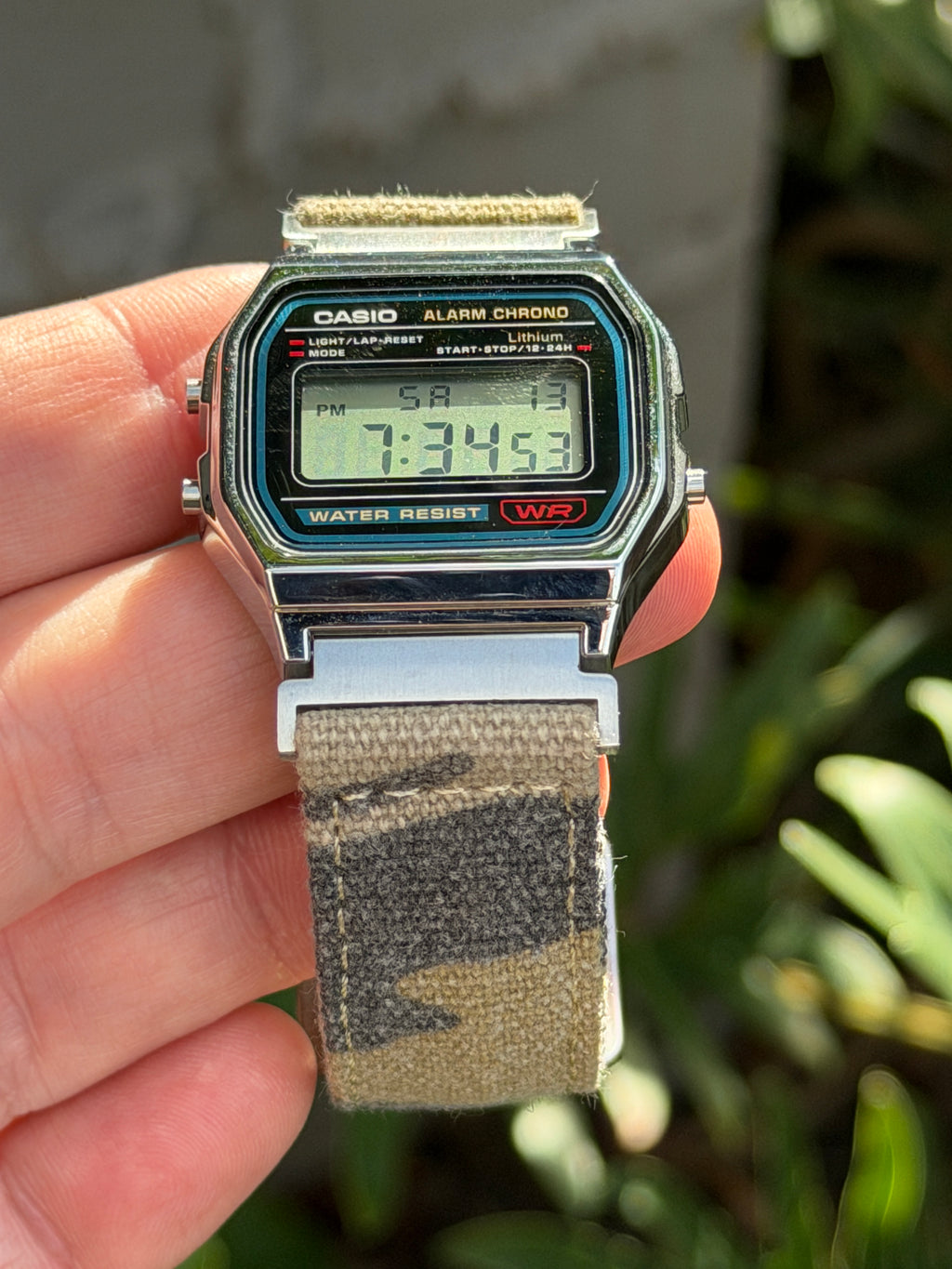 Sand Camo Canvas Strap for Casio F-91W A158W A168W AE-1200WH Royale, Brushed Silver Buckle, 18mm Adapters Pre-Attached