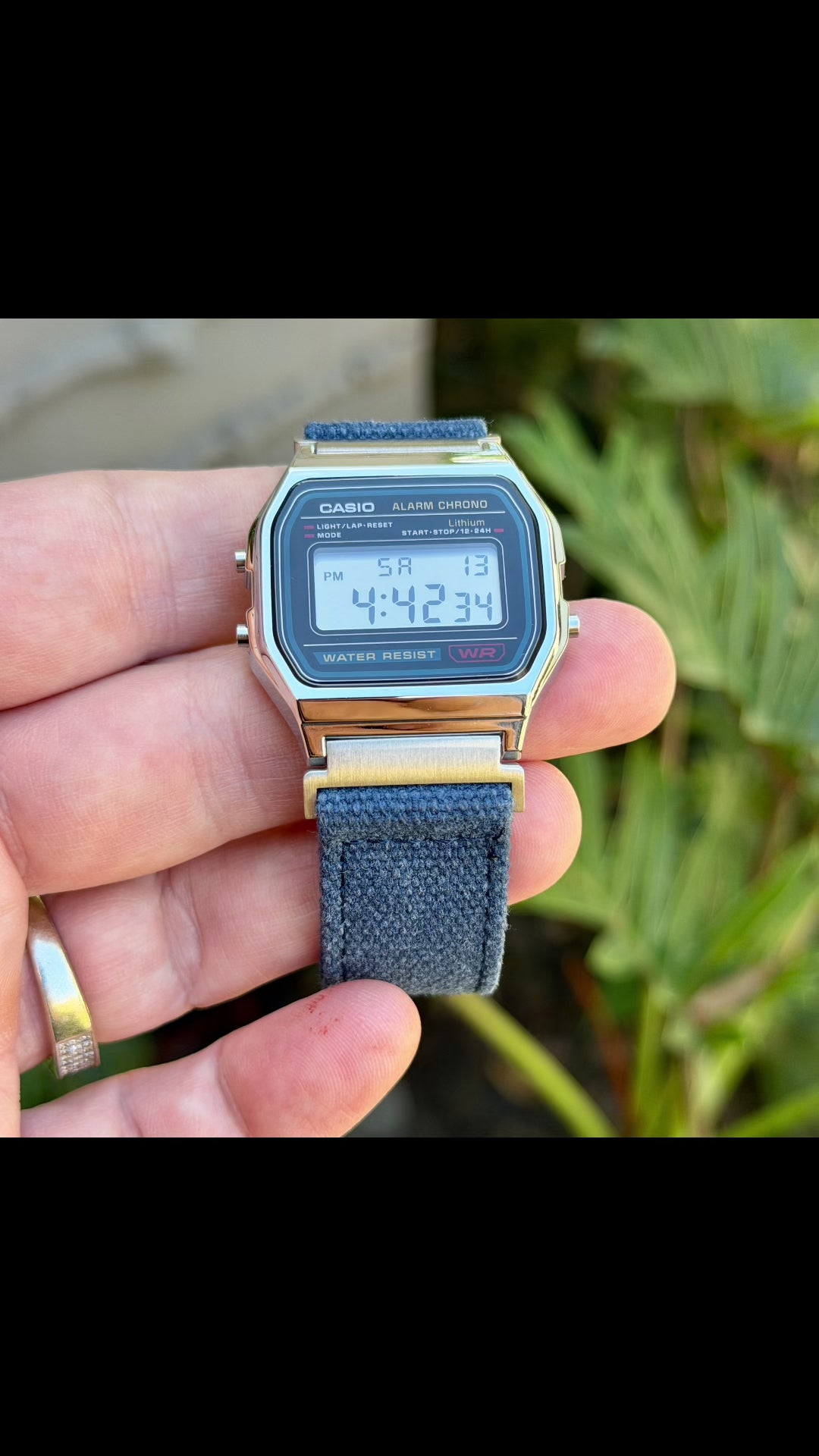 Navy Canvas Strap for Casio F-91W A158W A168W AE-1200WH Royale, Brushed Silver Buckle, 18mm Adapters Pre-Attached