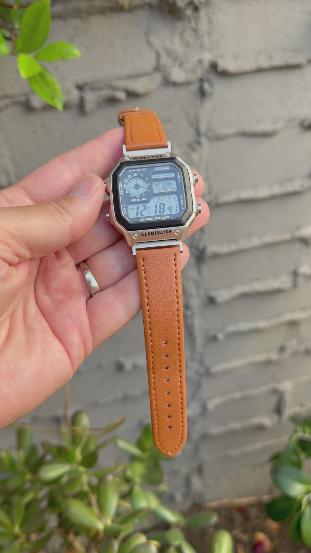 Leather Strap for Casio AE1200WH Royale, 20mm Caramel Brown Genuine Leather Watch Band, White Stitch, Fits AE-1200WH AE-1300WH AE-1000W Series