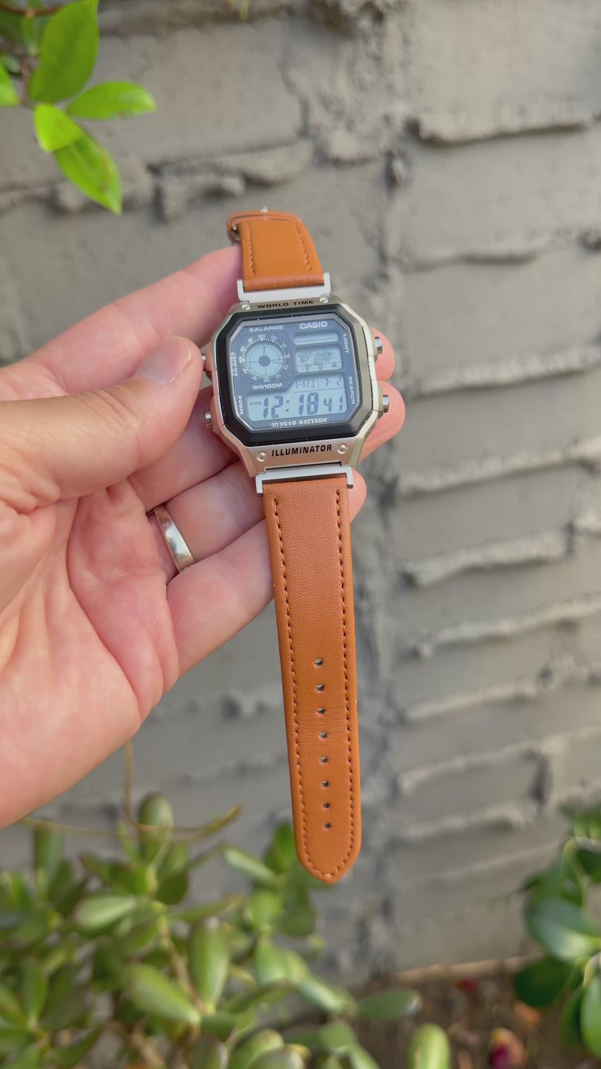 Leather Strap for Casio AE1200WH Royale, 20mm Caramel Brown Genuine Leather Watch Band, White Stitch, Fits AE-1200WH AE-1300WH AE-1000W Series