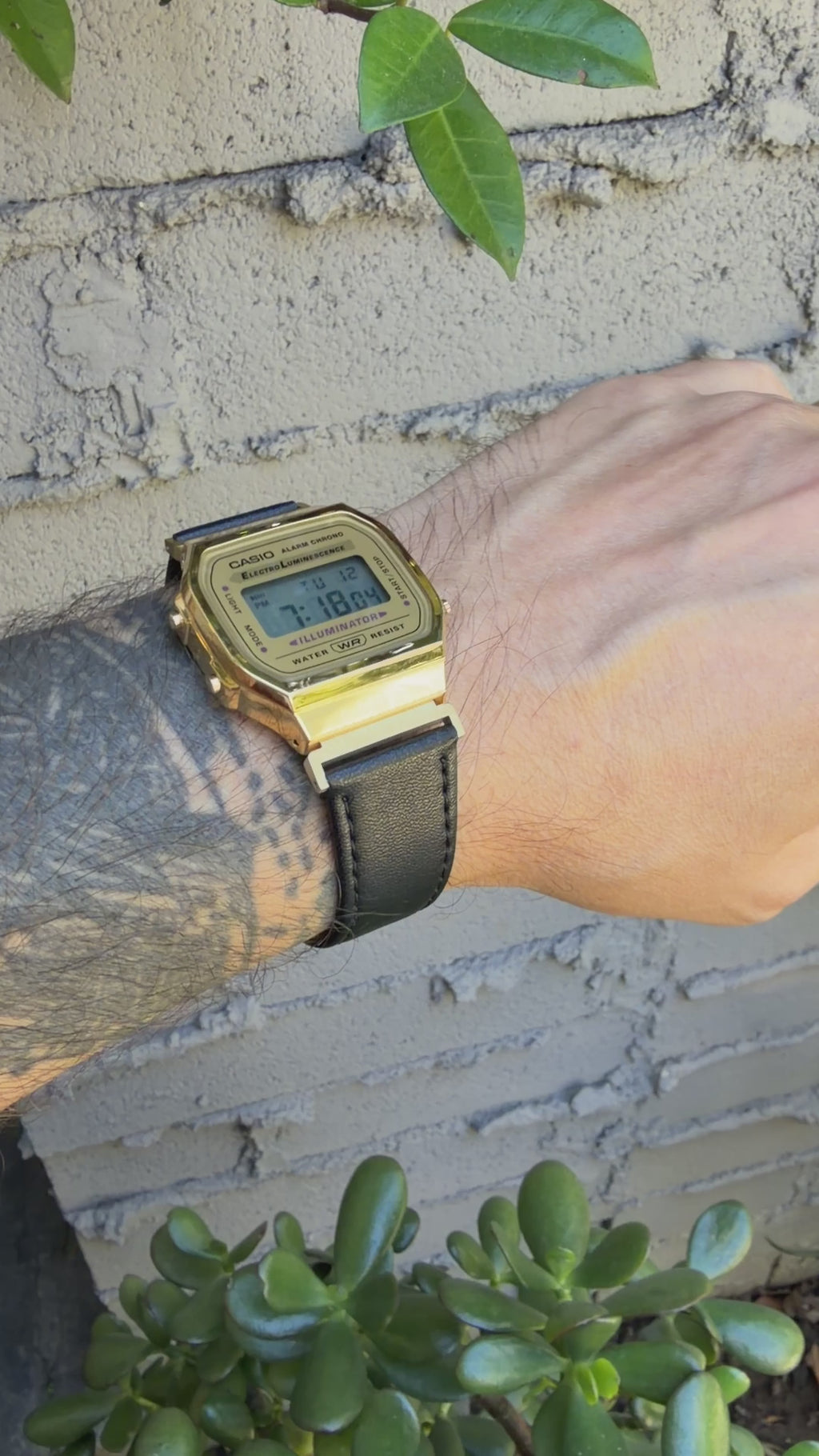 Leather Strap for Casio A168WG Gold, 20mm Black Genuine Leather Watch Band, Gold Buckle, Stitched Strap, Fits A168W A158W F-91W Vintage Series