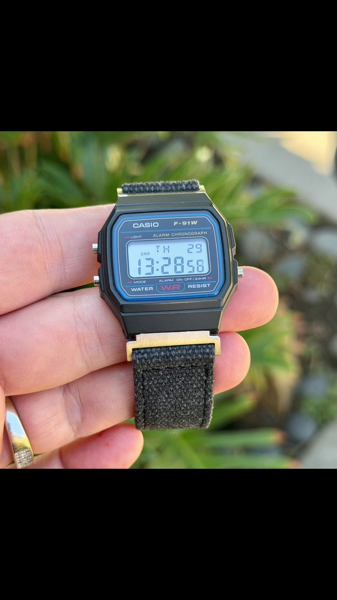 Charcoal Canvas Strap for Casio F-91W A158W A168W AE-1200WH Royale, Brushed Silver Buckle, 18mm Adapters Pre-Attached