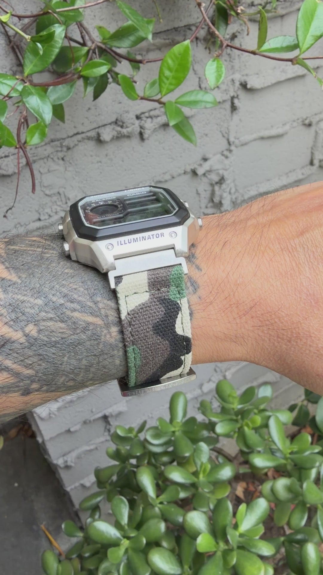 Woodland Camo Canvas Strap for Casio F-91W A158W A168W AE-1200WH Royale, Brushed Silver Buckle, 18mm Adapters Pre-Attached