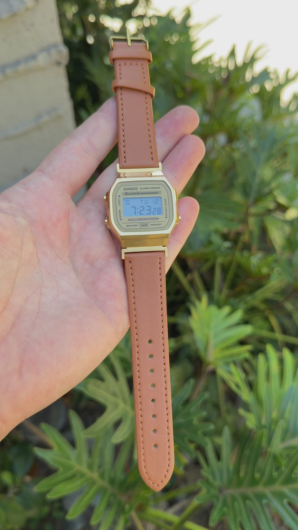 Leather Strap for Casio A168WG Gold, 20mm Caramel Brown Genuine Leather Watch Band, Gold Buckle, Stitched Strap, Fits A168W A158W F-91W Vintage Series
