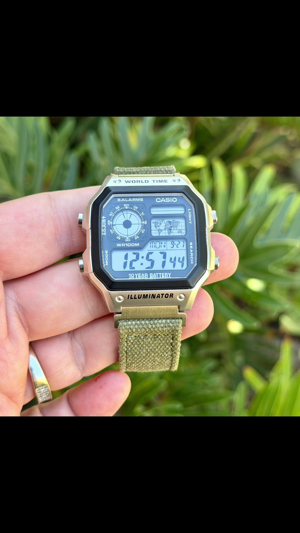Olive Canvas Strap for Casio F-91W A158W A168W AE-1200WH Royale, Brushed Silver Buckle, 18mm Adapters Pre-Attached