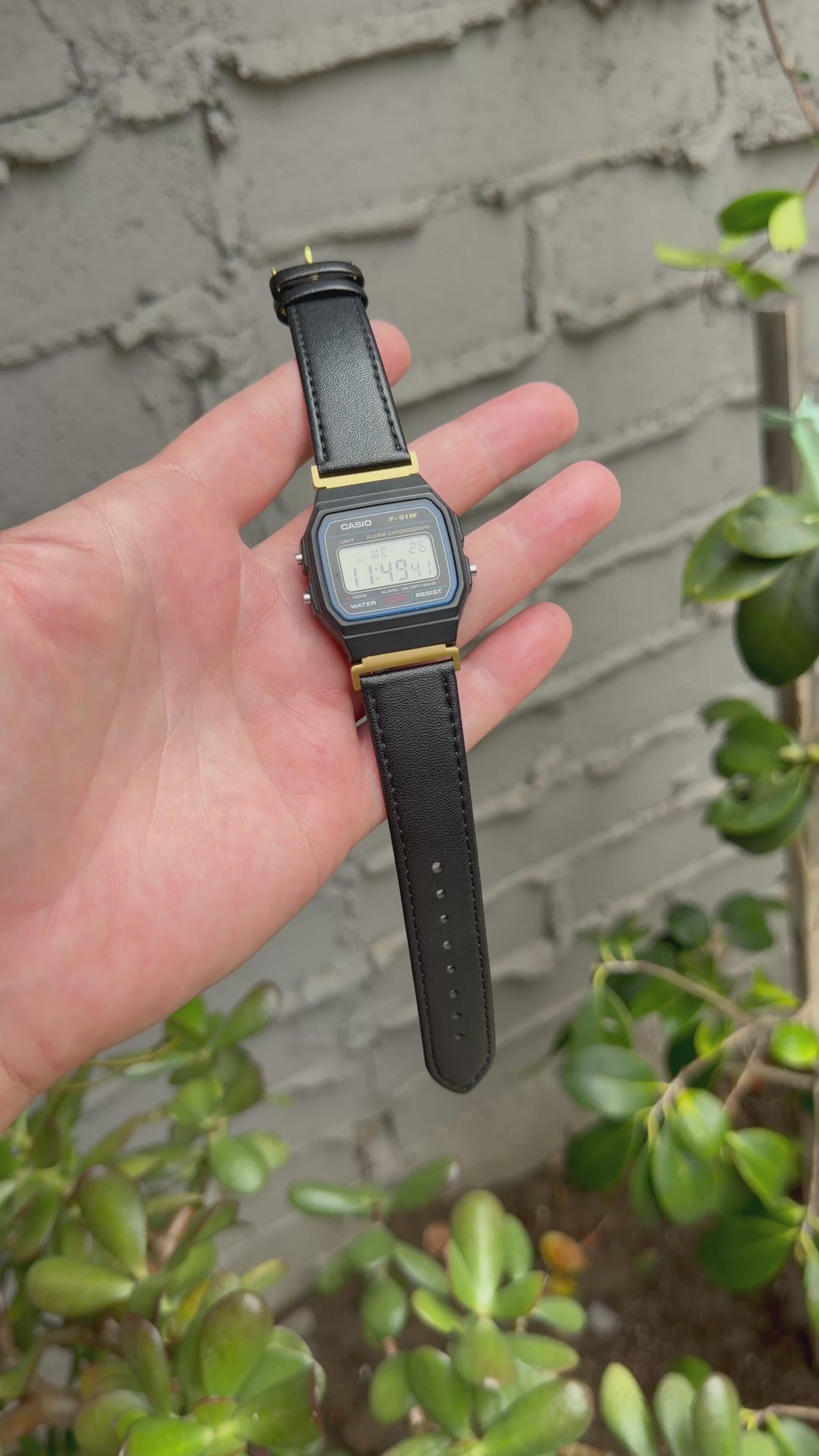 Black Leather Strap for Casio F91W, 20mm Genuine Leather Watch Band, Gold Adapters Pre-Attached, Adjustable 5.5 to 8 inch, Fits F91W A158W A168W