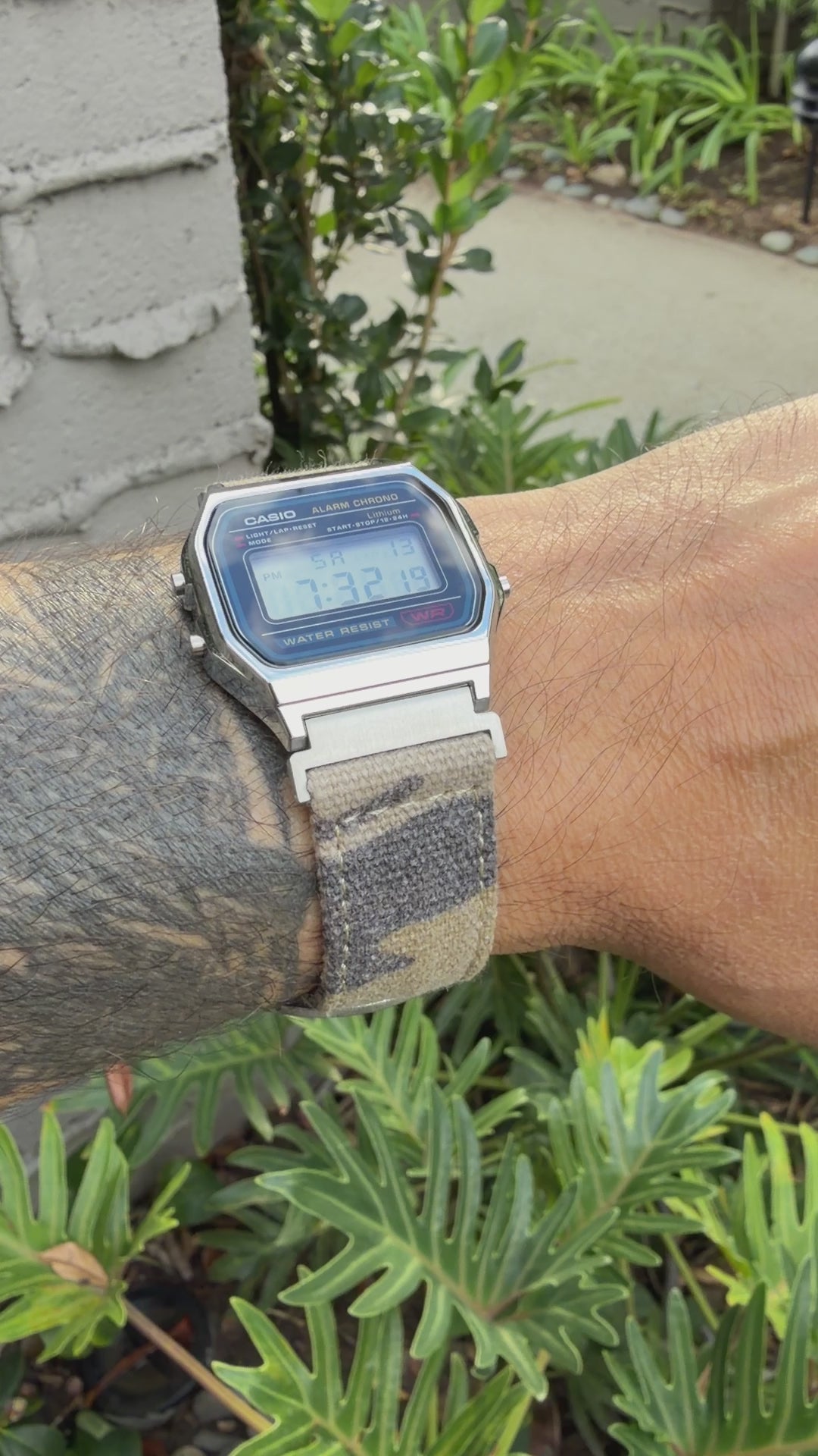 Sand Camo Canvas Strap for Casio F-91W A158W A168W AE-1200WH Royale, Brushed Silver Buckle, 18mm Adapters Pre-Attached