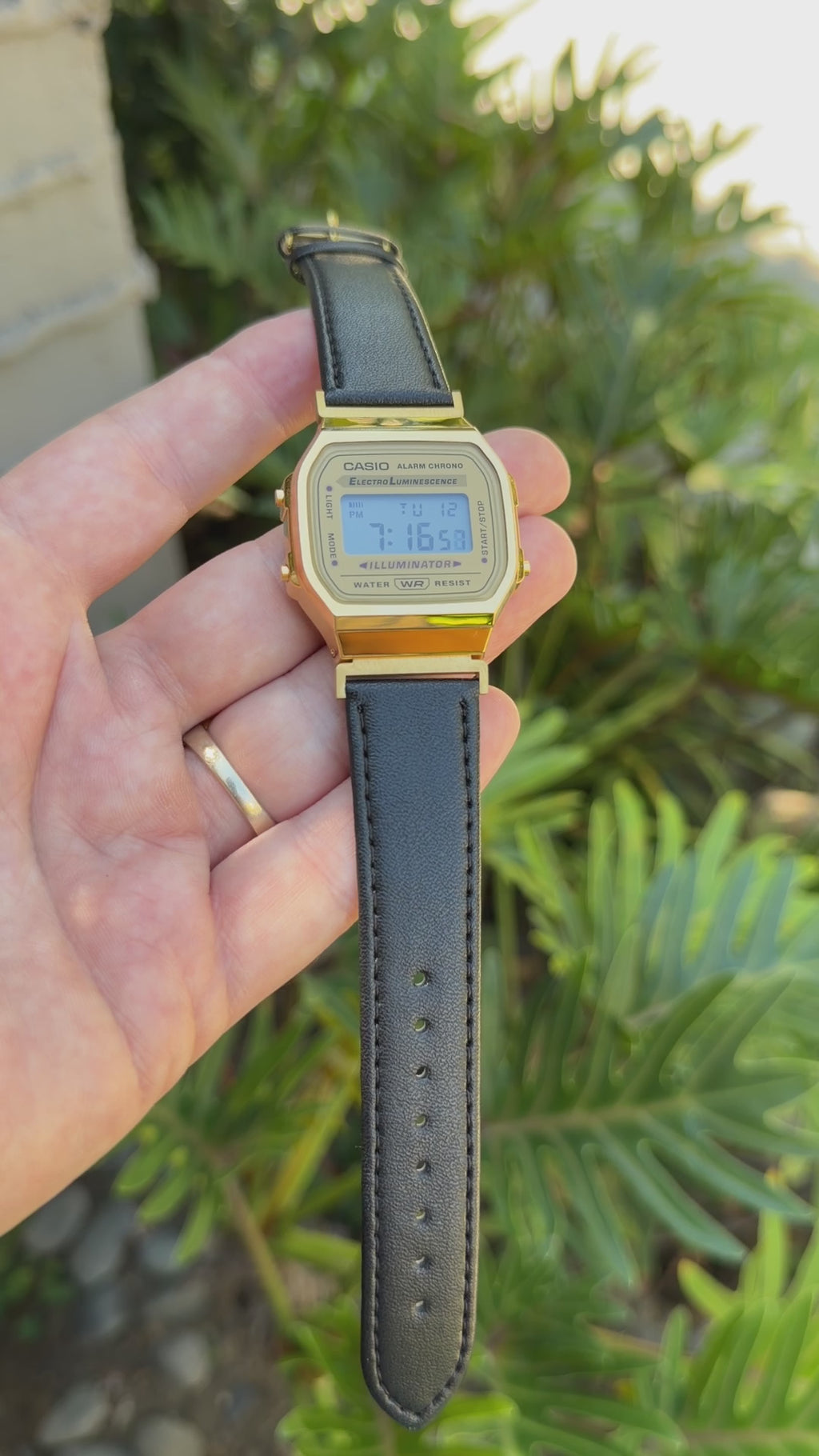 Leather Strap for Casio A168WG Gold, 20mm Black Genuine Leather Watch Band, Gold Buckle, Stitched Strap, Fits A168W A158W F-91W Vintage Series
