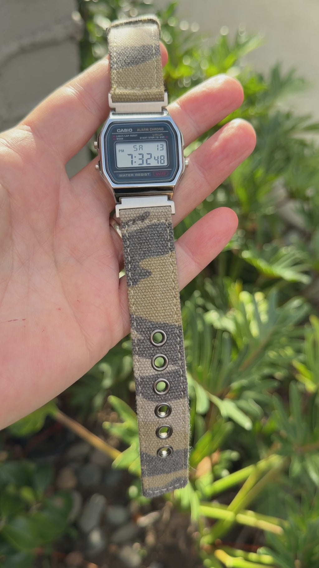 Sand Camo Canvas Strap for Casio F-91W A158W A168W AE-1200WH Royale, Brushed Silver Buckle, 18mm Adapters Pre-Attached