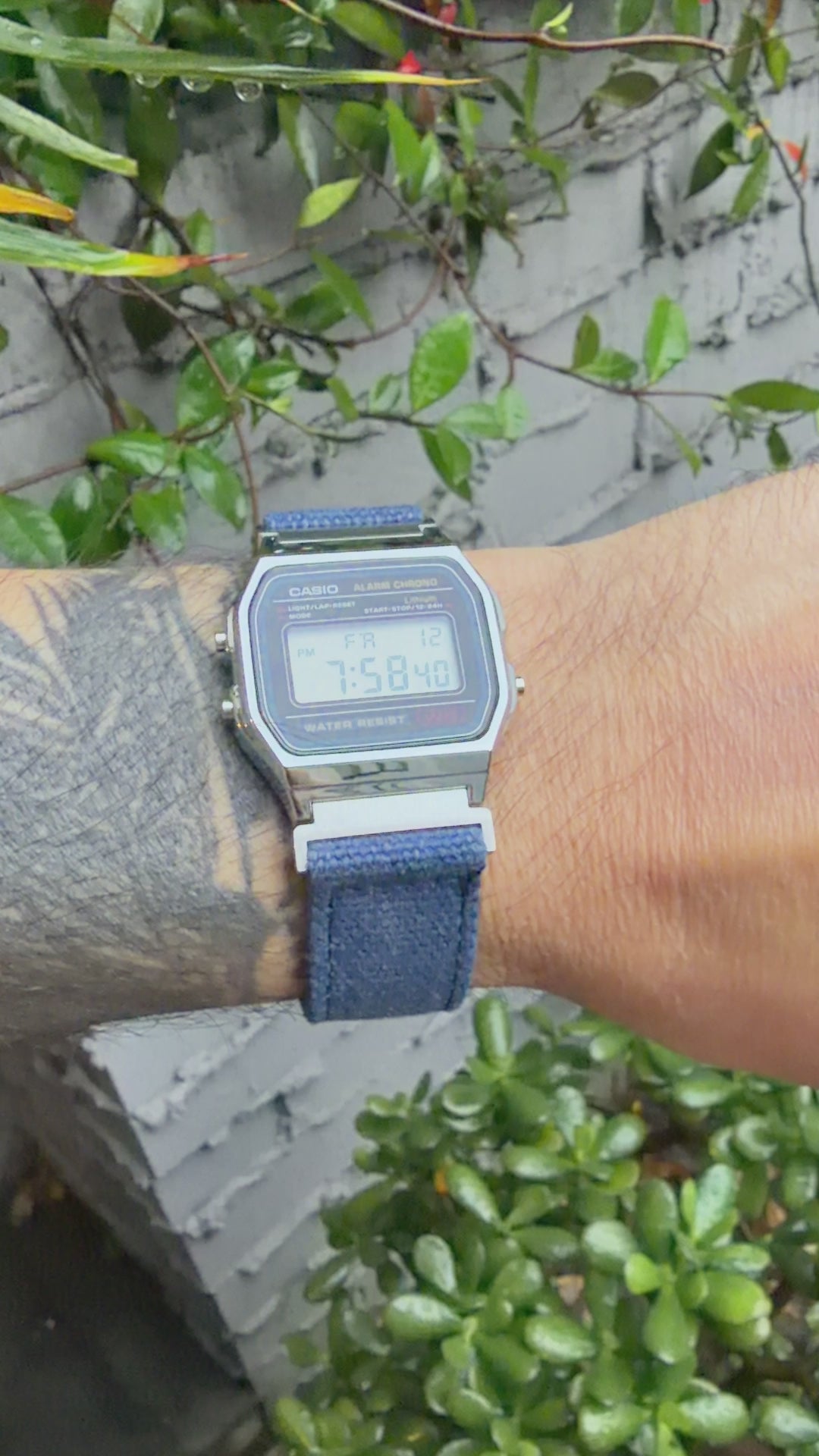 Navy Canvas Strap for Casio F-91W A158W A168W AE-1200WH Royale, Brushed Silver Buckle, 18mm Adapters Pre-Attached