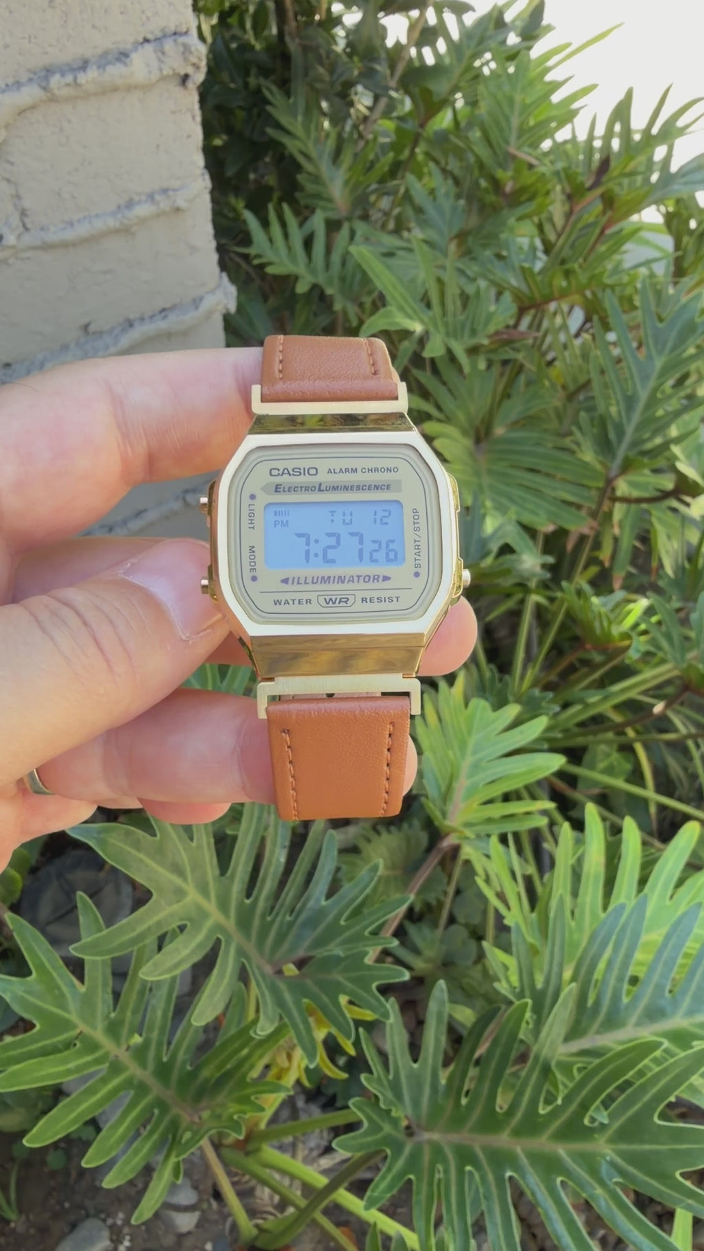 Leather Strap for Casio A168WG Gold, 20mm Caramel Brown Genuine Leather Watch Band, Gold Buckle, Stitched Strap, Fits A168W A158W F-91W Vintage Series