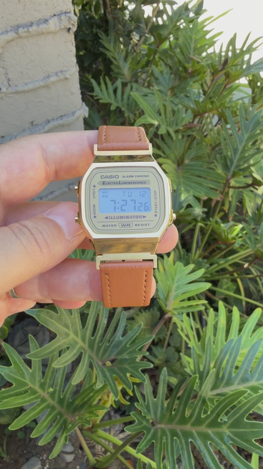 Leather Strap for Casio A168WG Gold, 20mm Caramel Brown Genuine Leather Watch Band, Gold Buckle, Stitched Strap, Fits A168W A158W F-91W Vintage Series