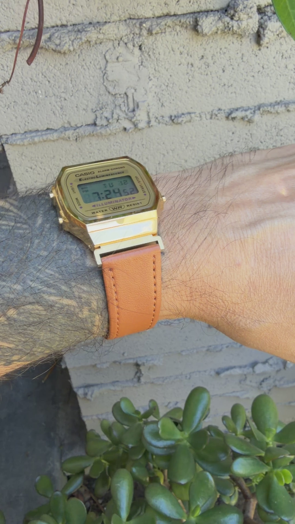 Leather Strap for Casio A168WG Gold, 20mm Caramel Brown Genuine Leather Watch Band, Gold Buckle, Stitched Strap, Fits A168W A158W F-91W Vintage Series
