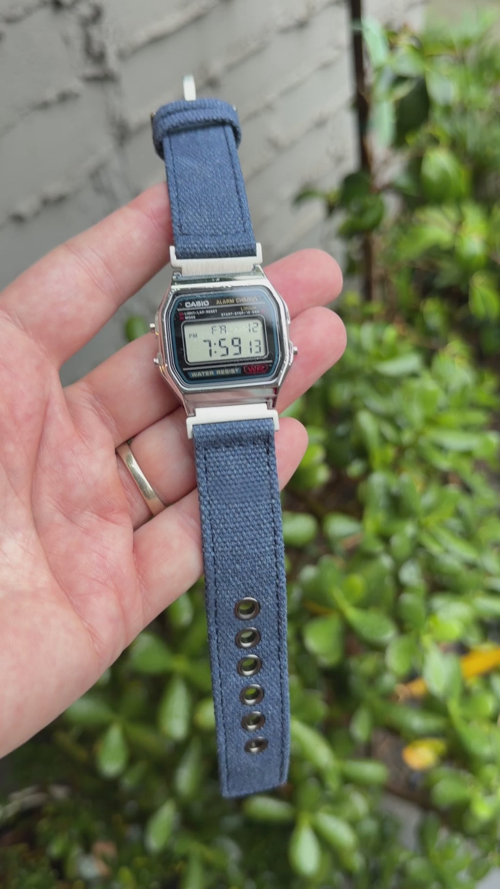 Navy Canvas Strap for Casio F-91W A158W A168W AE-1200WH Royale, Brushed Silver Buckle, 18mm Adapters Pre-Attached