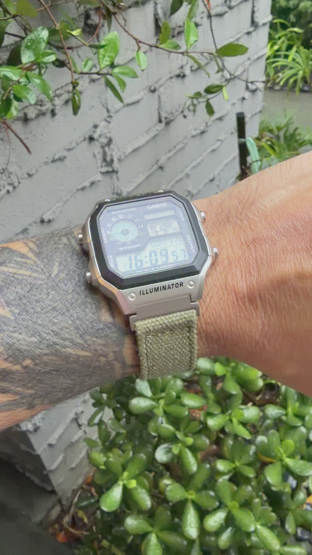 Olive Canvas Strap for Casio F-91W A158W A168W AE-1200WH Royale, Brushed Silver Buckle, 18mm Adapters Pre-Attached
